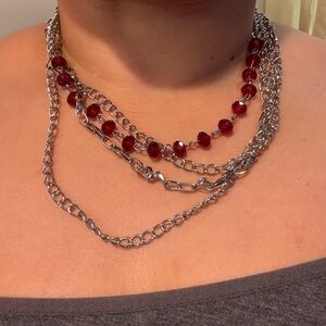 Elegant Silver and Red Beaded Necklace
